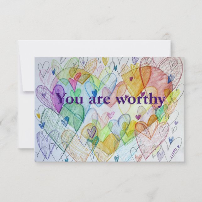 You Are Worthy Rainbow Hearts Art Note Card (Front)