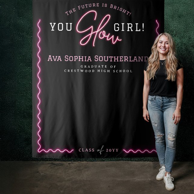 You Glow Girl Script Pink Neon Graduation Party Tapestry (You Glow Girl Script Pink Neon Graduation Party Tapestry)