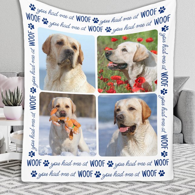 You Had Me At WOOF Personalized Dog Lover 4 Photo Fleece Blanket (Creator Uploaded)