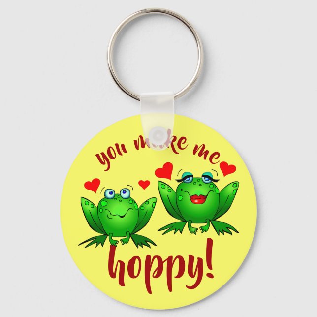 You Make Me Hoppy Cheerful Fun Green Frogs Keychain (Front)