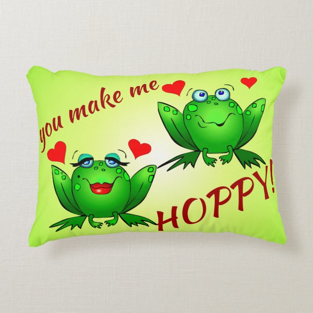 You Make Me Hoppy Cute Cheerful Fun Green Frogs Accent Pillow (Front)