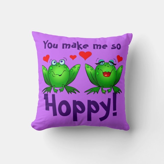 You Make Me So Hoppy Cartoon Frogs Red Hearts Throw Pillow (Front)