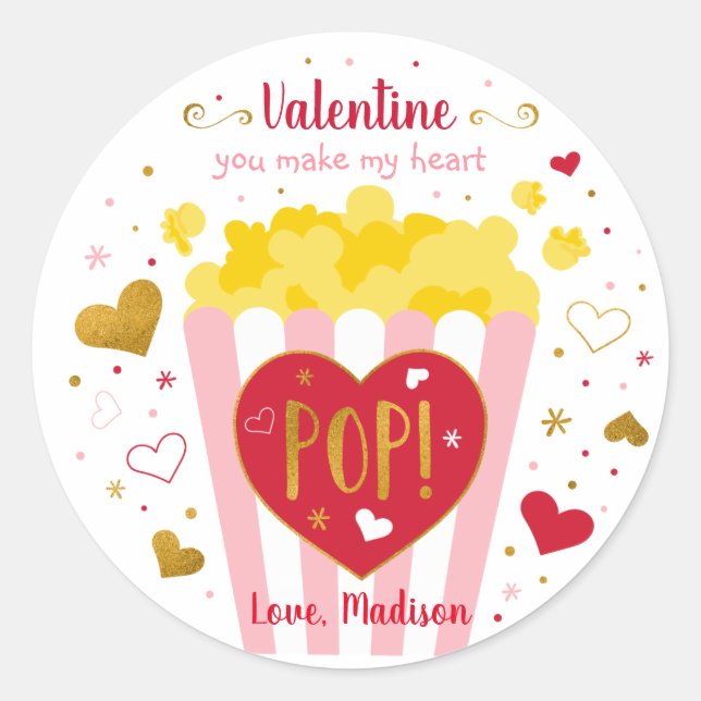 You Make My Heart Pop Valentine's Day Popcorn Classic Round Sticker (Front)