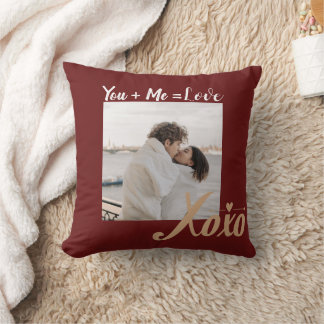 You + Me = Love Valentine XO Photo Script Red Gold Throw Pillow