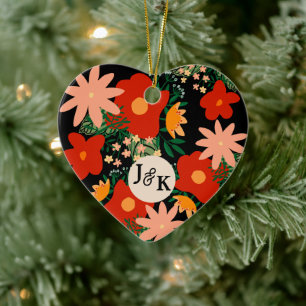 You & Me romance black Red flower heart Ceramic Ornament