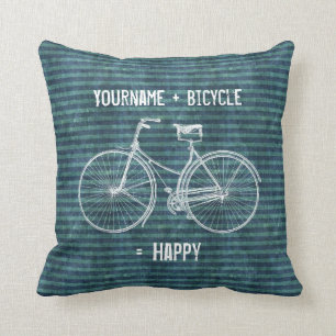 You Plus Bicycle Equals Happy Antique Blue Green Throw Pillow