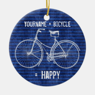 You Plus Bicycle Equals Happy Antique Stripes Blue Ceramic Ornament