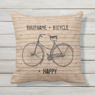 You Plus Bicycle Equals Happy Antique Wood Beige Throw Pillow