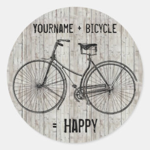 You Plus Bicycle Equals Happy Antique Wooden Plank Classic Round Sticker