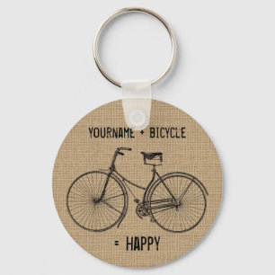 You Plus Bicycle Equals Happy Natural Burlap Sack Keychain
