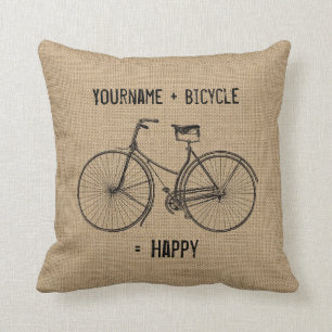 You Plus Bicycle Equals Happy Natural Burlap Sack Throw Pillow