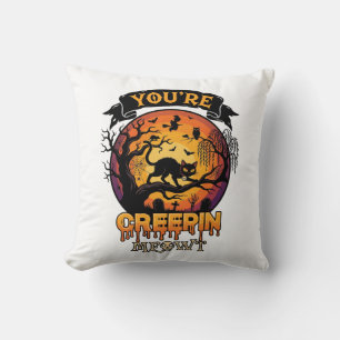 You Re Creepin Meowt Halloween Black Cat Full Moon Throw Pillow