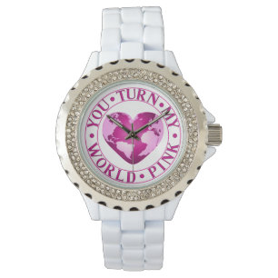 YOU TURN MY WORLD PINK Romantic Earth Heart Design Watch