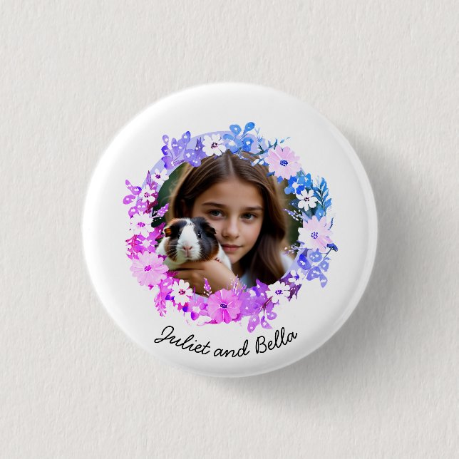 You & Your Pet Photo Pretty Floral Personalized 1 Inch Round Button (Front)