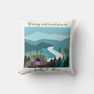 Young adventurers with lanscape view throw pillow