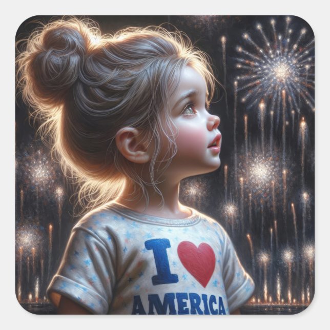 Young American Girl Watching Fireworks Square Sticker (Front)