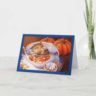 Young Autumn Mouse Sleeps in Teacup Watercolor Art Card