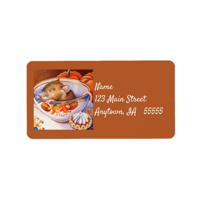 Young Autumn Mouse Sleeps in Teacup Watercolor Art Label (Front)