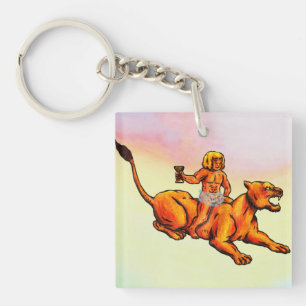 Young Bacchus riding a lioness and drinking wine Keychain