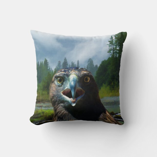 Young Bald Eagle and Misty Alaskan River Throw Pillow (Front)