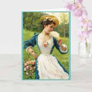 Young Beauty With A Basket Of Roses Card