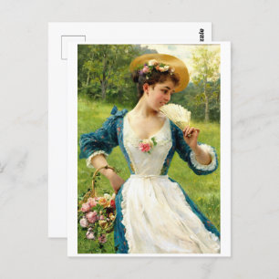 Young Beauty With A Basket Of Roses Postcard