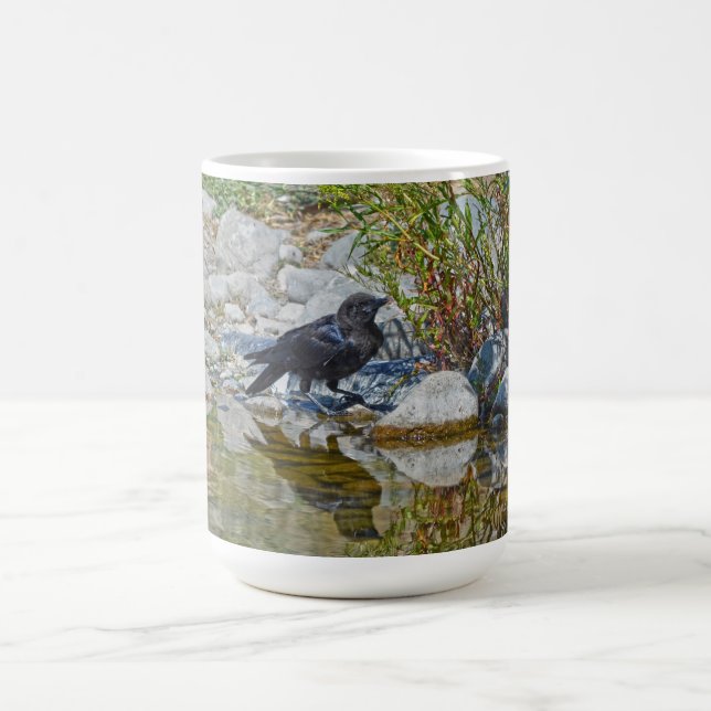 Young Black Raven Reflected in Pool Coffee Mug (Center)