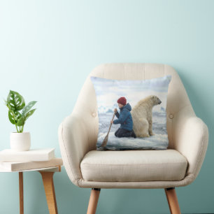 Young Boy on Ice Rescuing a Polar Bear Throw Pillow