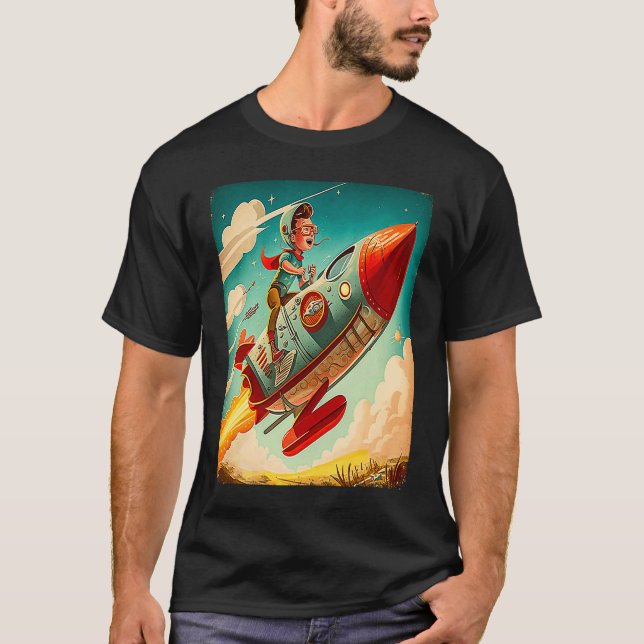 Young Boy Pilot Riding Rocket Race Space Old Imagi T-Shirt (Front)