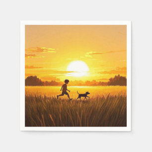 Young boy running with dog at sunset napkin