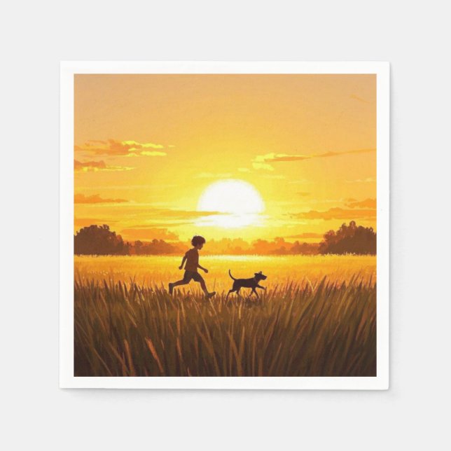 Young boy running with dog at sunset napkin (Front)