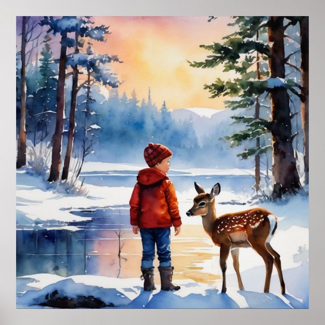 Young boy with a fawn deer poster (Front)