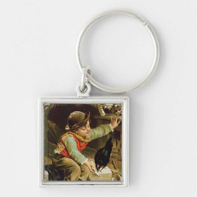 Young Boy with Birds in the Snow Keychain (Front)