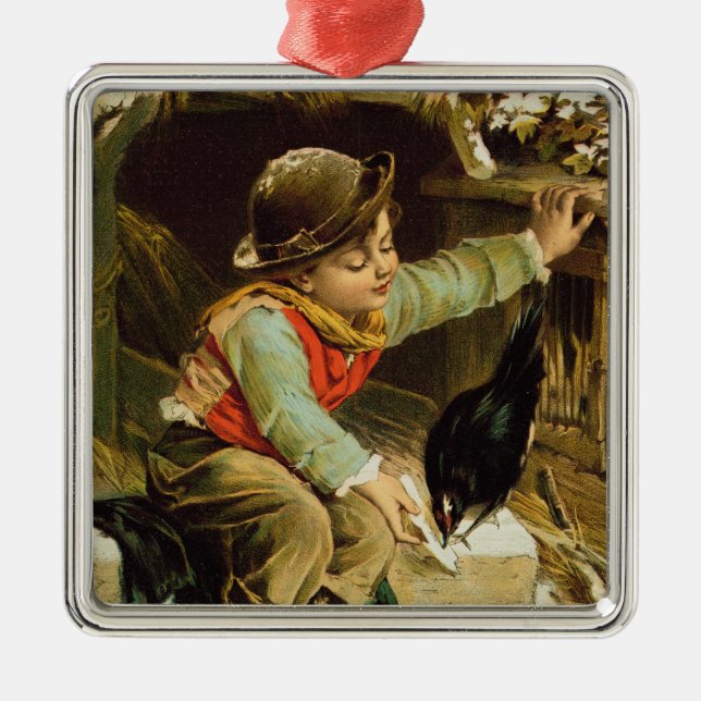 Young Boy with Birds in the Snow Metal Ornament (Front)