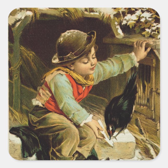 Young Boy with Birds in the Snow Square Sticker (Front)