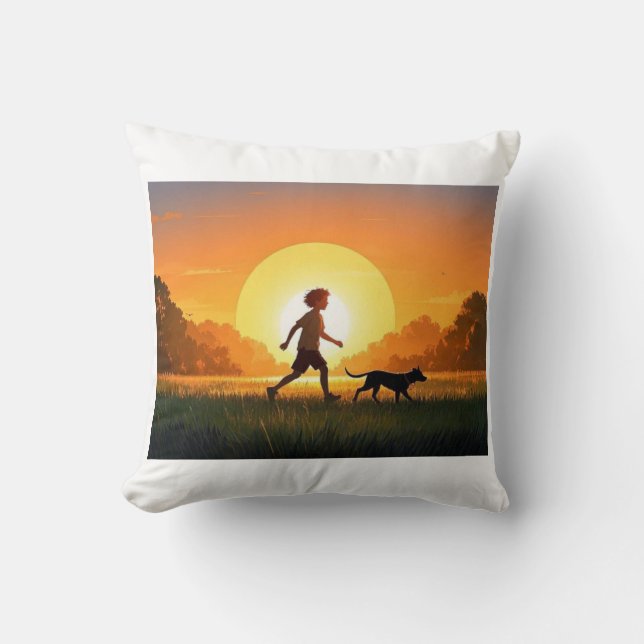 Young Boy with dog at sunset  Throw Pillow (Front)