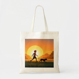 Young Boy with dog at sunset  Tote Bag
