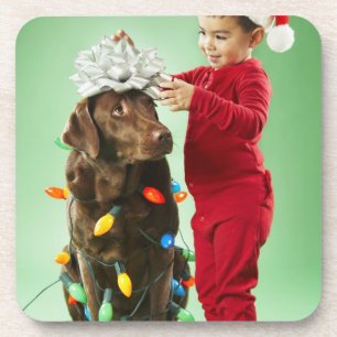 Young boy wrapping Christmas lights around a dog Coaster