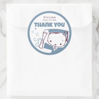 Young Boys Cute Blue Cartoon Graduation Thank You  Classic Round Sticker