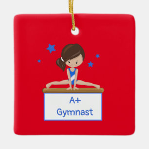 Young Brunette Gymnast Personalized Custom Text    Ceramic Ornament