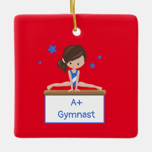 Young Brunette Gymnast Personalized Custom Text    Ceramic Ornament (Front)