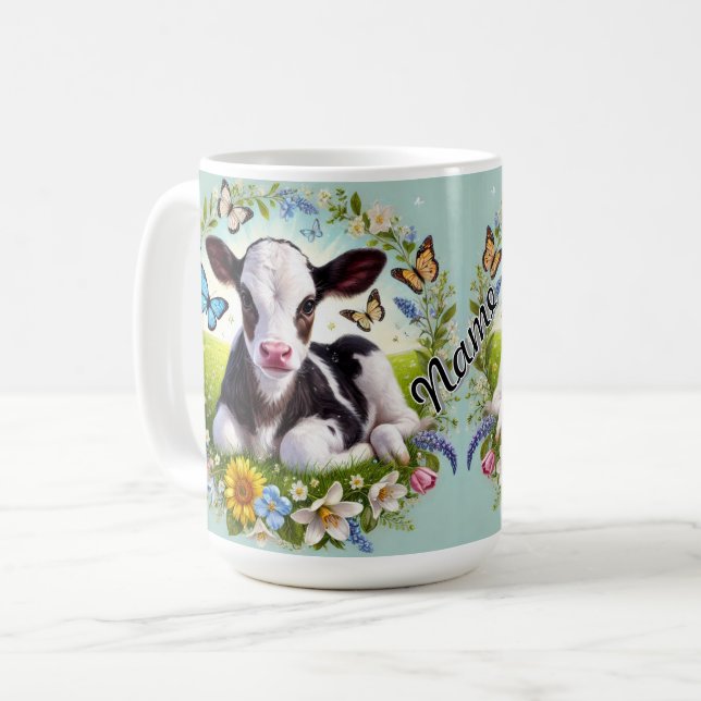 Young Calf with Floral Wreath and Butterflies Coffee Mug (Front Left)