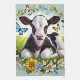 Young Calf with Floral Wreath and Butterflies Kitchen Towel