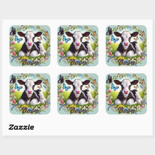 Young Calf with Floral Wreath and Butterflies Square Sticker