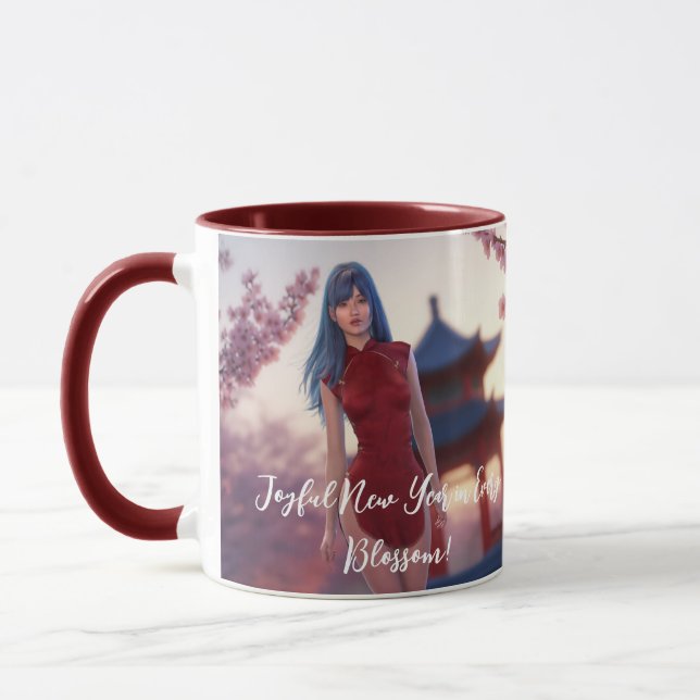 Young Cheongsam Beauty Posing for Chinese New Year Mug (Left)