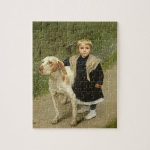 Young Child and a Big Dog (oil on canvas) Jigsaw Puzzle