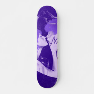 Young Couple Kissing Him & Her Romantic Purple Skateboard
