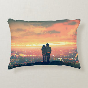 young couple standing on the roof top looking at c accent pillow