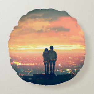 young couple standing on the roof top looking at c round pillow