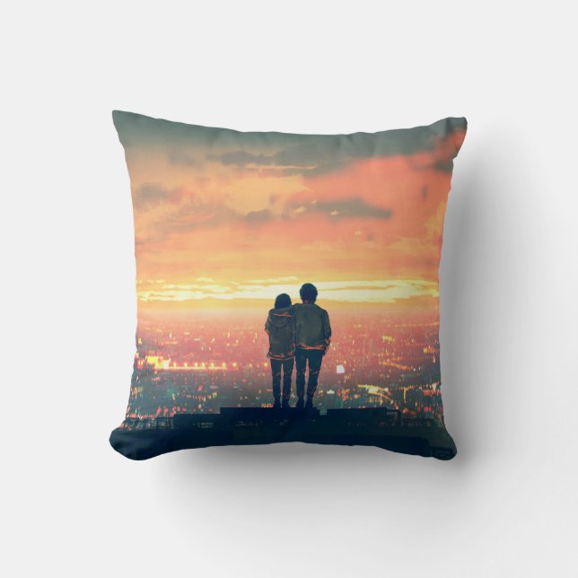 young couple standing on the roof top looking at c throw pillow (Front)
